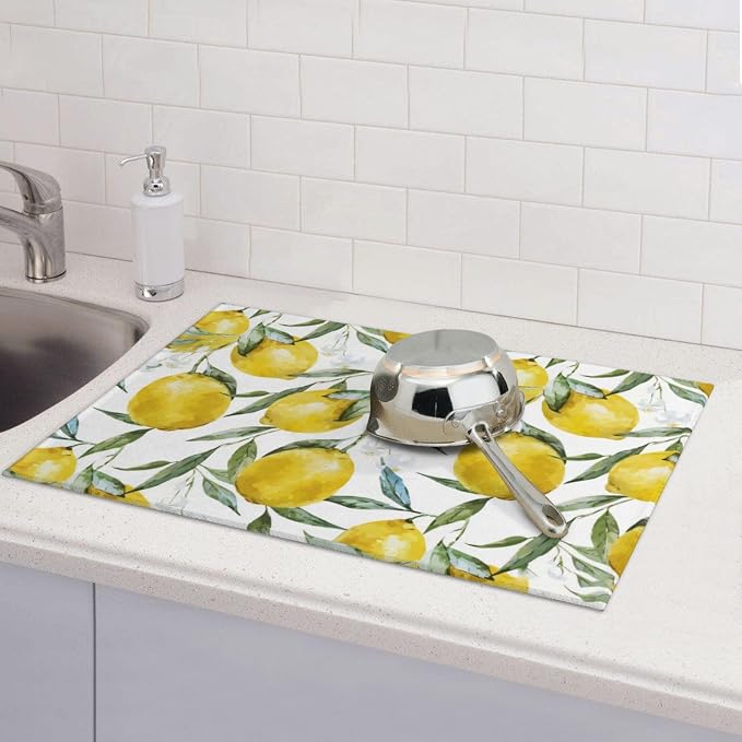 Lemon Dish Drying Mat For Kitchen Counter, Super Absorbent Microfiber Dish Drying Pad, Kitchen Gadgets For Easy Clean Multi-Use Large 18"x24"