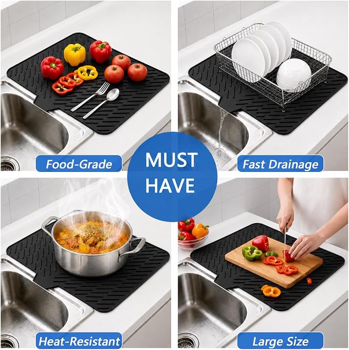 Large Silicone Dish Drying Mat – 23"x17" Sloped Sink Draining Tray with Sponge Holder for Kitchen Counter, Angled Surface for Water Drainage, Silicone Rack Mat with Drain Lip(Black)