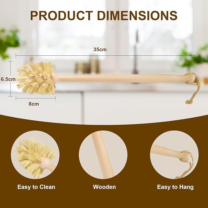 DEBETOOL 2-Pack Natural Wooden Bottle Brush with Sisal Bristles, Long Handle Bottle Brush Cleaner for Wide Mouth Jars, Water Bottles, Cups, Glasses, Baby Bottles (Non-Scratch)