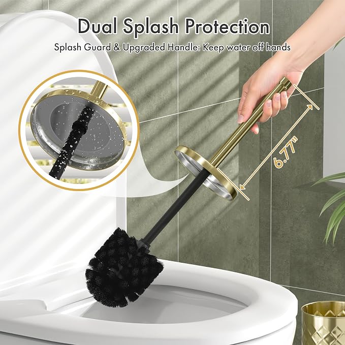 Toilet Bowl Brush and Holder Set 2 Pack with 4 Extra Brush Heads | Extra Long Handle with Splash Guard Cover, Tool-Free Installation, Bathroom Space-Saving, Cleaner Sets for Apartments, RV (Gold)