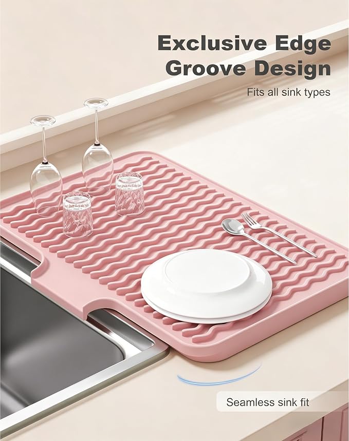 Rnivvi Silicone Dish Drying Mat for Kitchen Counter, 16 x 12" Drainer Pad with Drainage Spout, Easy Clean Dish Rack Mat for Dishes, Non-Slip Countertop Protector Heat Resistant Trivet, Utensils, Pink