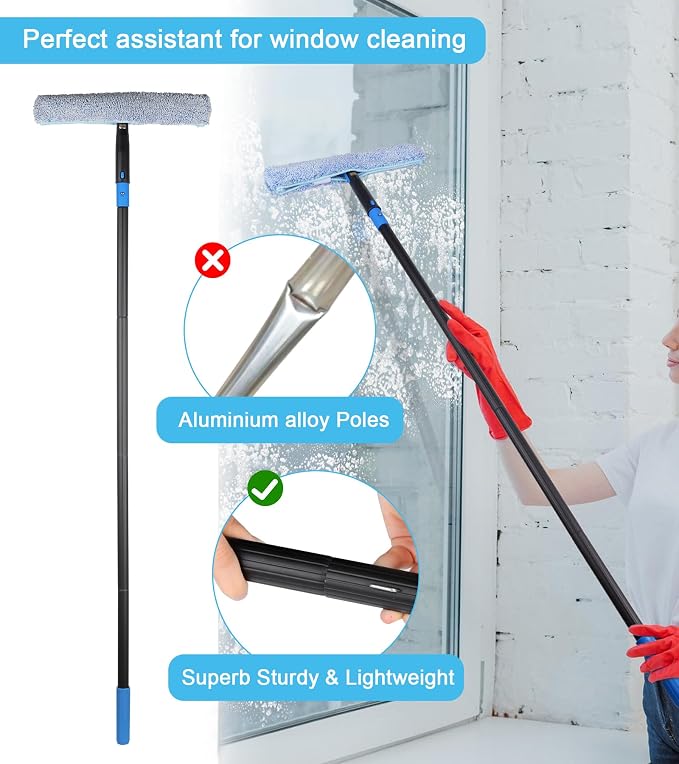 Professional Window Cleaning Kit with 50" Extension Pole, 8-in-1 Window Scrubber Squeegee Set, 14" Flexible Head, 3 Gallon Storage Bucket, Spray Bottle Microfiber Cloths for High Indoor/Outdoor Glass