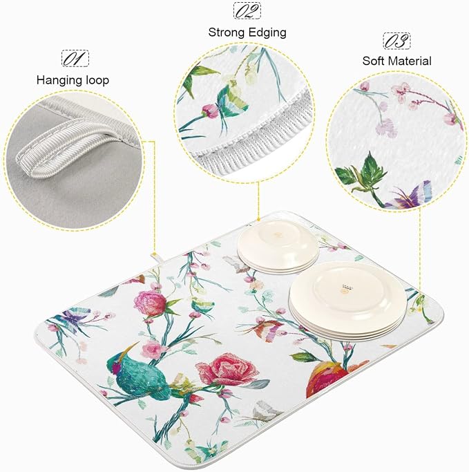 Absorbent Dish Drying Mat for Kitchen Counter - Watercolor Flowers and Birds Microfiber Drying Pad, Reversible Drainer Mats for Countertop, Small 16 x 18 inch