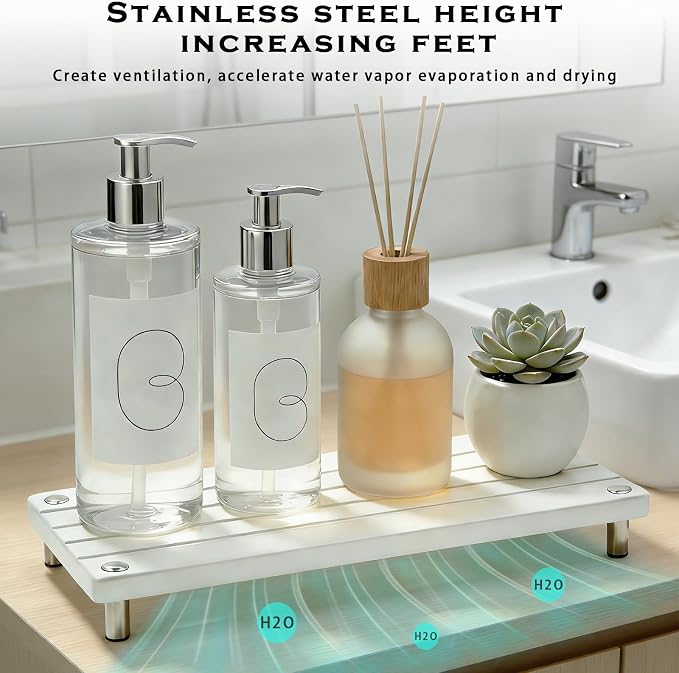 Durable Kitchen Sink Organizer, Instant Dry Sink Caddy for Bathroom Counter, Diatomite Stone Drying Tray, Upgrade Water Absorbing Stone Tray for Sink, Anti-Slip Stone Soap Tray -White