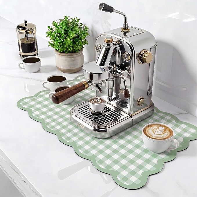Scalloped Gingham Coffee Mat 12" x 20" Absorbent Coffee Bar Mat Gingham Espresso Matt for Counter(Green)