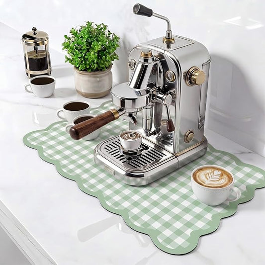 Scalloped Gingham Coffee Mat 12" x 20" Absorbent Coffee Bar Mat Gingham Espresso Matt for Counter(Green)