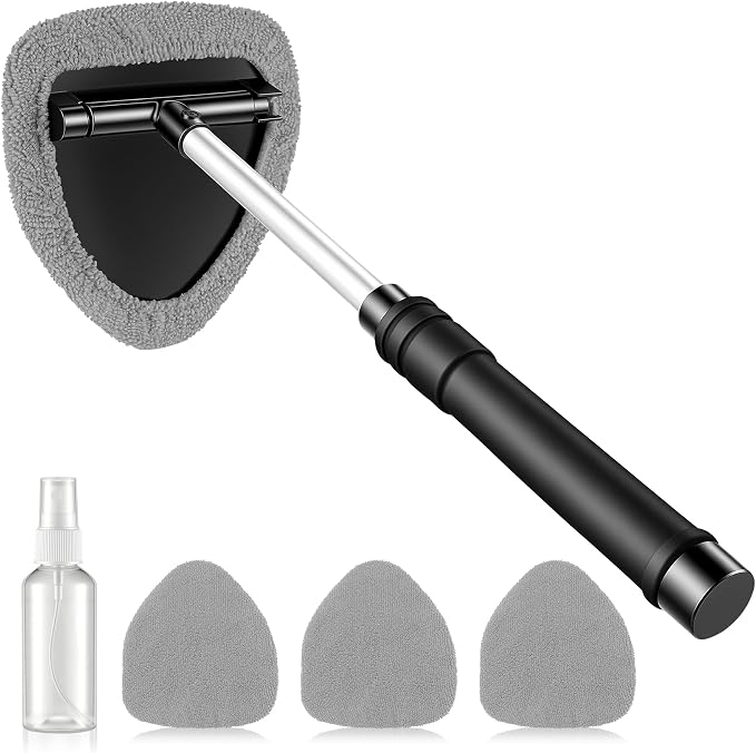 JUSTTOP Windshield Cleaner Tool, Car Interior and Exterior Window Cleaning Kit with Extendable Handle & 4 Reusable Microfiber Pads, Auto Glass Wiper Brush Kit for Car & Home Windows (Grey)