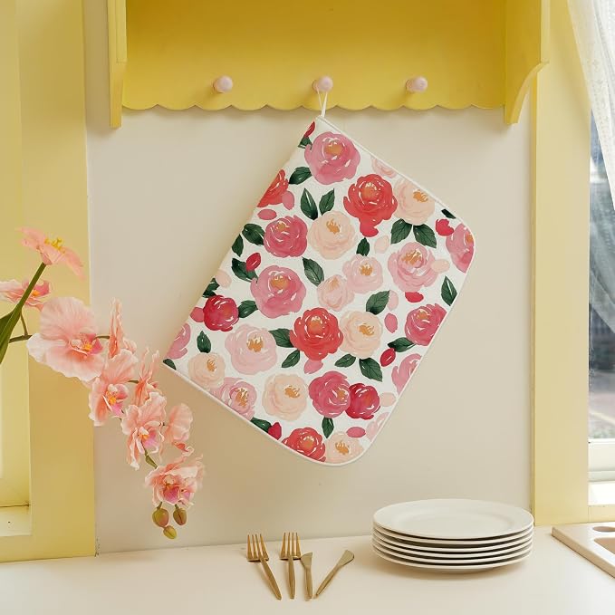 Floral Dish Drying Mat 18x24 Inch Watercolor Red Pink Flower Drying Mat Vintage Spring Summer Valentines Day Romantic Absorbent Dish Drying Pad Dish Rack Drainer Mats for Kitchen Dining Counter