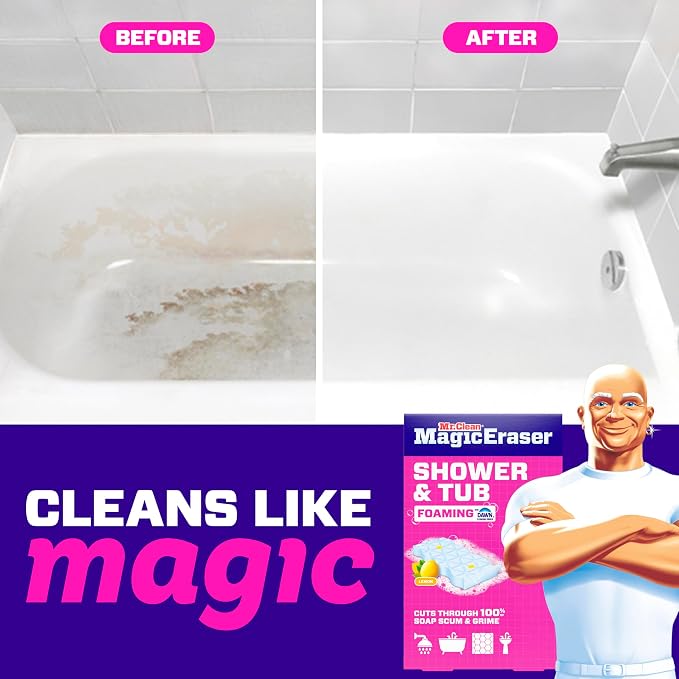 Mr. Clean Magic Eraser Sponge, Bathroom, Shower, Tub Cleaner, Soap Scum Remover, Bathroom Cleaning Supplies, Dawn Cleaning Power with Lemon Scent, Shower & Tub, 8ct