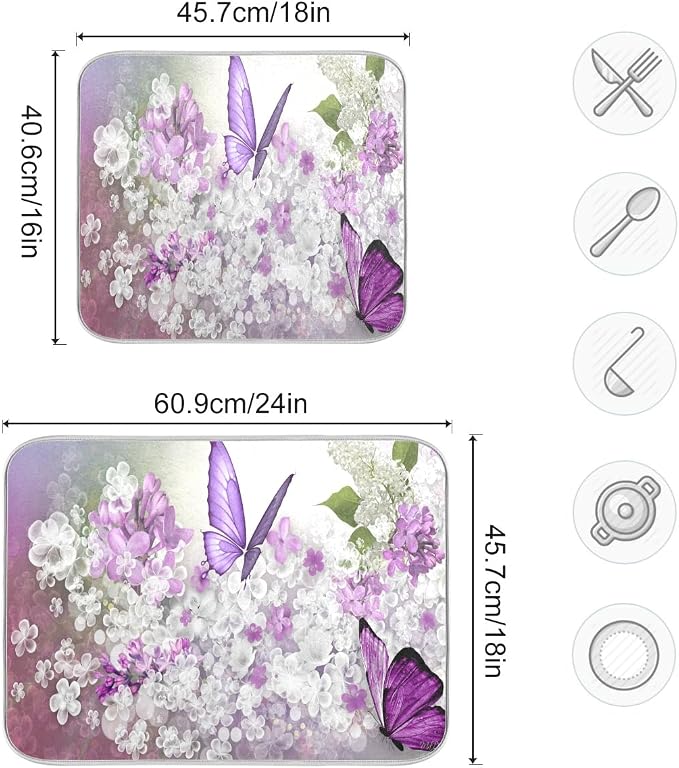 Butterflies Flowers Purple Dish Drying Mat for Kitchen, Absorbent Microfiber Drying Pad Dish Mat, 24" X 18"