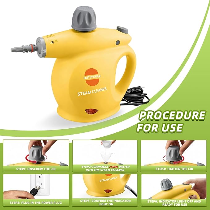 Handheld Steam Cleaner, Pressurized Multi-Surface Steam Shot with 13 Accessories, Safety Lock, Steamer for Cleaning Floor, Upholstery, Grout, Windows, Couch and Car (Yellow)