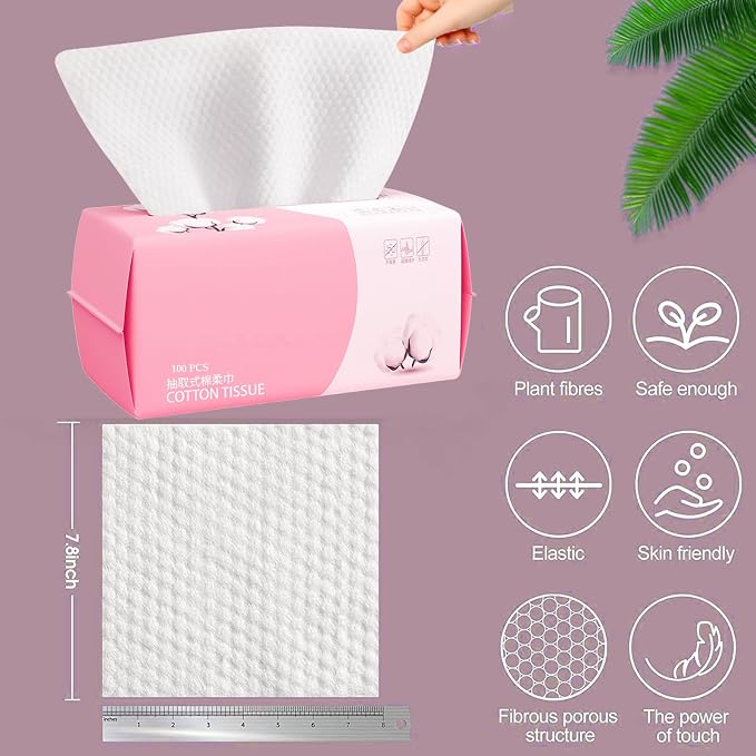 Disposable Face Towel 100 Count for Washing Soft Cotton Dry Wipes Facial Cloths Towelettes for Washing and Drying, Facial Tissue for Cleansing, Skincare and Makeup Remover (2 Pack)