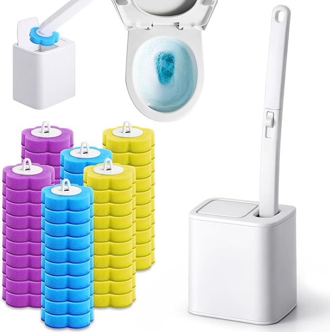 Disposable Toilet Brush Wand Kit with 48 Toilet Wand Refills | Toilet Bowl Cleaning System with Holder, Disposable Toilet Bowl Cleaner Wands for Bathroom Cleaning, Toilet Brush Set