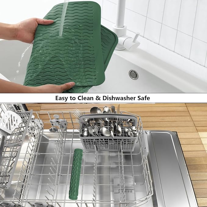 ZLR Silicone Dish Drying Mat for Kitchen Counter (12" x 16" / 307 x 405mm) - Large Fast-Dry Drainer Mat with Raised Wavy Ridges & 5mm Lip - Non-Slip, Heat Resistant 450°F, BPA-Free (Dark Green)