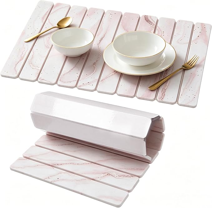 Stone Drying Mat for Kitchen Counter, Quick Diatomaceous Earth Mats for Dishes, 24"L x 16" W Super Absorbent Fast-Drying Collapsible Countertop Stone Mat (Marble White-07, 24" x 16")