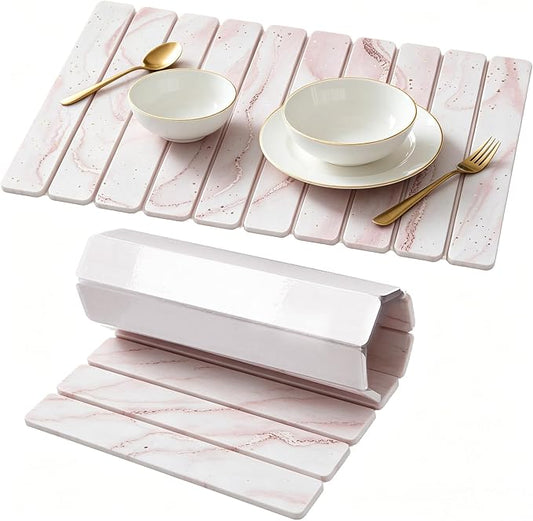 Stone Drying Mat for Kitchen Counter, Quick Diatomaceous Earth Mats for Dishes, 24"L x 16" W Super Absorbent Fast-Drying Collapsible Countertop Stone Mat (Marble White-07, 24" x 16")