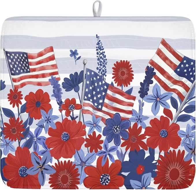 Patriotic Floral Dish Drying Mat for Kitchen Counter 4th of July American Flag Microfiber Dish Drainer Mat Red and Blue Flower Absorbent Washable Drying Pad 16"x18"