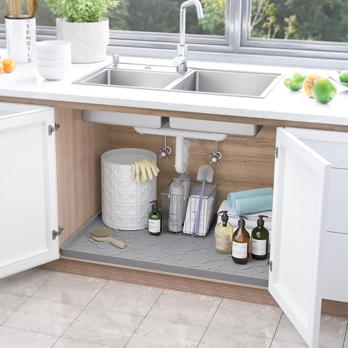 SIKADEER Waterproof Under Sink Mat 28" x 22", Silicone Mat Kitchen Cabinet Liner and Drawer Shelf, Sink Protector for Kitchen Organizers and Storage, Flexible Sink Drip Tray