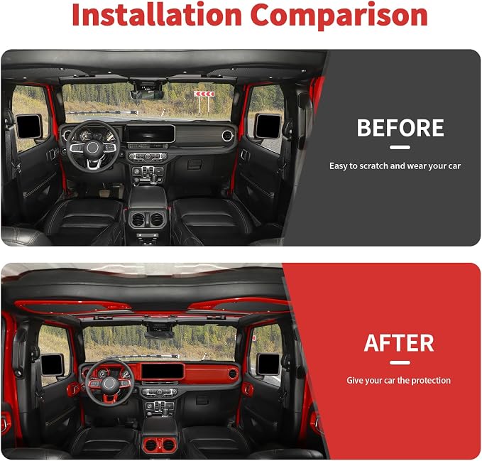 21PCS Full Set Interior Trim Kit for 2024-2026+ Jeep Wrangler JL JLU & Jeep Gladiator JT, Dashboard Side Outlet Door Handle Bowl Headlight Switch Roof Reading Light Cover (Red)