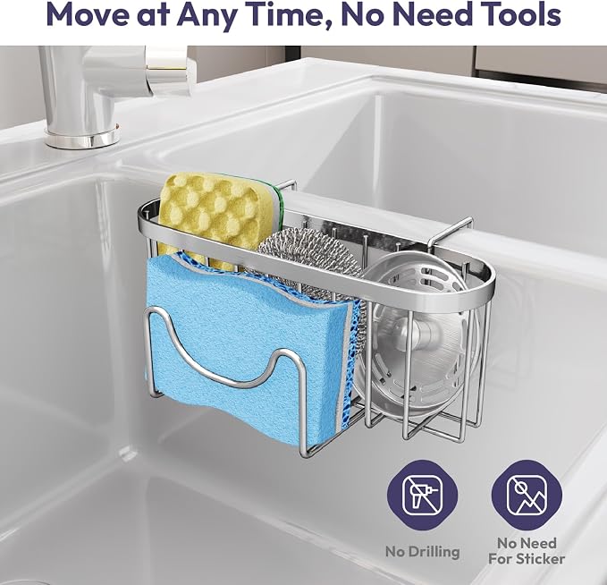 SWTYMIKI Sponge Holder for Kitchen Sink - Movable Kitchen Sink Caddy with M Shape Hook Stainless Steel Hanging Sponges Caddy Organizer in Double Bowl Sinks Depth>3.15in, Middle divider<1.5in, Silver L