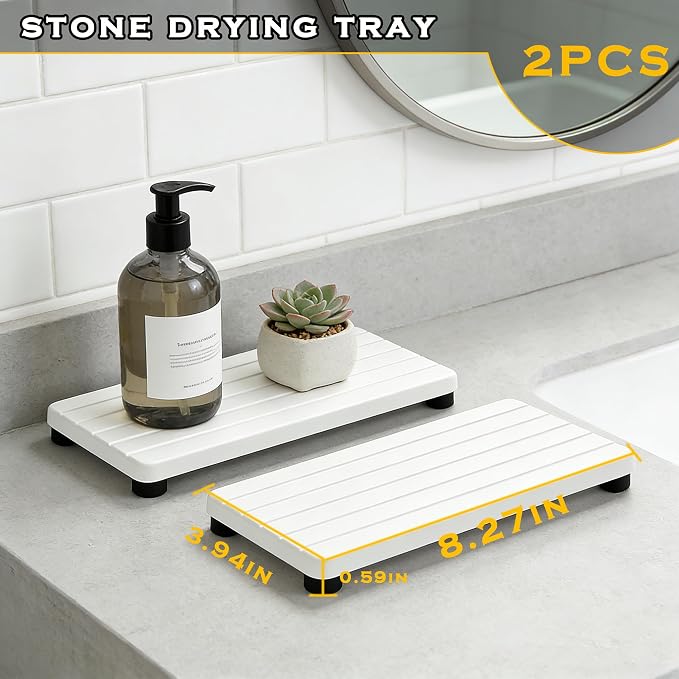 2PCS Stone Drying Tray, Water Absorbing Stone Tray for Sinks, Neat Diatomite Sink Trays, Fast Drying Kitchen Sponge Hand Soap Holder, Instant Dry Sink Coasters Used for Bathroom Counter -White