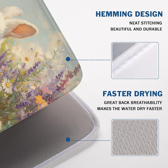 Easter Bunny Eggs Dish Drying Mat for Kitchen Counter 18 x 24 Inch Rabbit Floral Dish Drainer Mat Absorbent Microfiber Dish Rack Pad for Spring Holiday Coffee Dining Bar Decor
