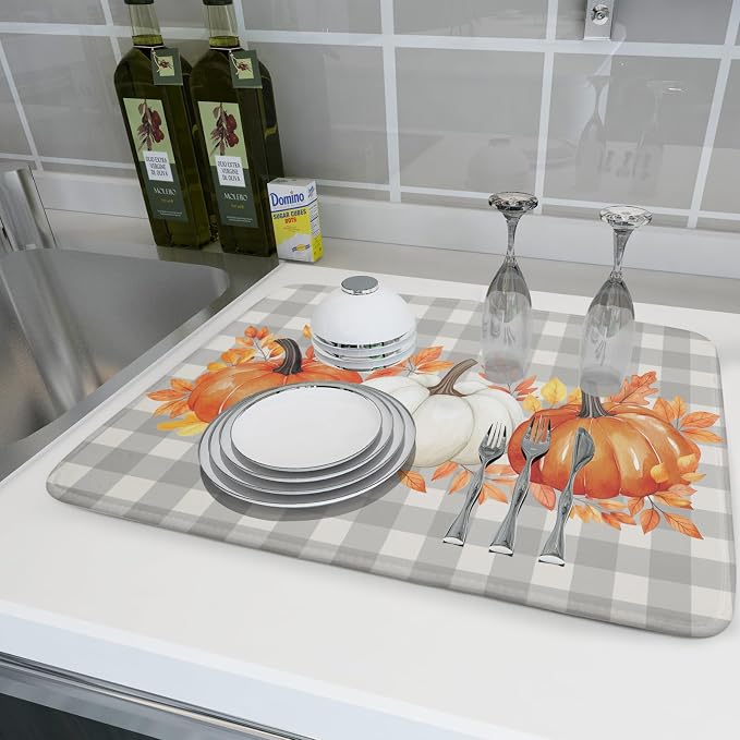 Fall Dish Drying Mat for Kitchen Counter Autumn Orange White Pumpkins Festival Microfiber Absorbent Dish Draining Reusable Washable Foldable Extra Large 18"x24"