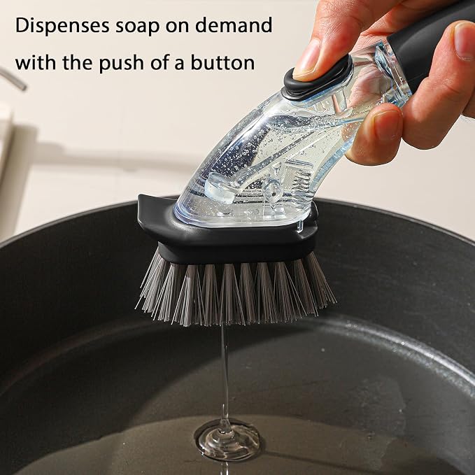 DAPOWER Soap Dispensing Dish Brush with Handle, Kitchen Scrub Brush for Dishes Pots Pans Sink Cleaning (Black)