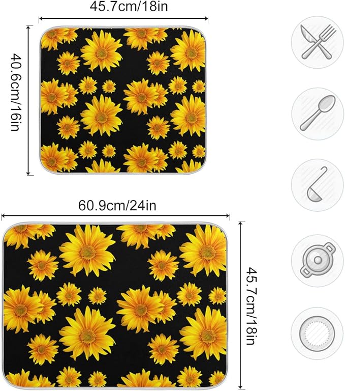 Absorbent Dish Drying Mat for Kitchen Counter - Yellow Sunflower Flowers Black Microfiber Drying Pad, Reversible Drainer Mats for Countertop, Small 16 x 18 inch