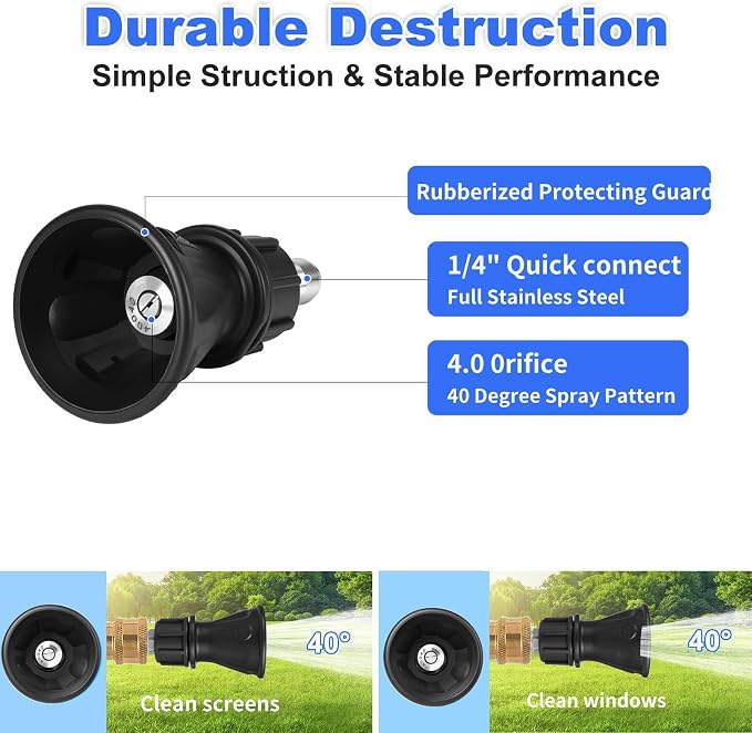 Pressure Washer Nozzle Guard,40 Degree Pressure Washer Nozzle with Protector Holder,High Efficiency Cleaning,Power Washer Tips with 1/4" Male Quick Connect,Stainless Steel, Black
