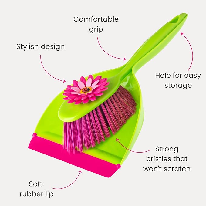 Vigar Flower Power Dust Pan and Brush Set - Mini Broom and Dustpan Set, Handheld Broom and Dustpan Set With Whisk Broom, Small Dustpan and Brush Set, Compact Indoor Sweeper for Countertop - Pink Green