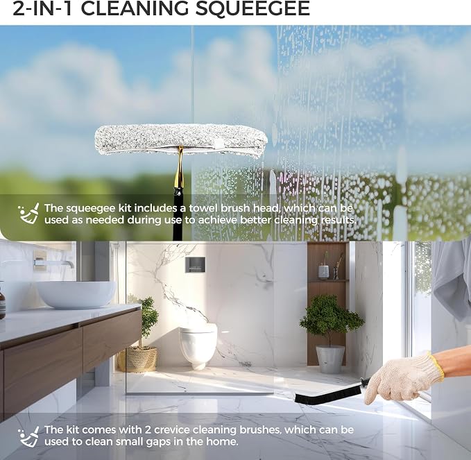 17“- 60" Extendable Long Handle 2-in-1 Window Squeegee Gold | 12.4" Wide Metal Shower Squeegee for Glass Doors, 2-in-1 Squeegee for Home Window Cleaning, Tile Wall, Car