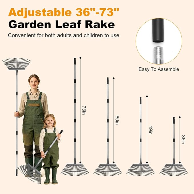Heavy Duty Garden Rake, Metal Leaf Rake with 73 Inch Adjustable Handle and 25 Tines for Lawn, Yard, Garden Beds, Leaves, Debris and Shrubs