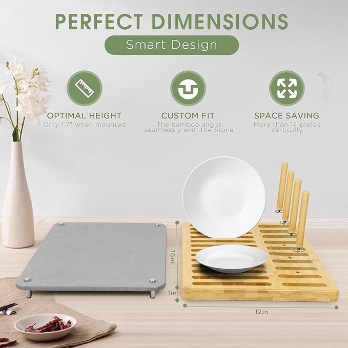 Sofort Stone Drying Mat for Kitchen Counter, Quick Dry Ultra Absorbent Dish Drying Mat with Bamboo Rack, Diatomaceous Earth Drying Pad for Dishes, Plates, Mugs 16″x12″
