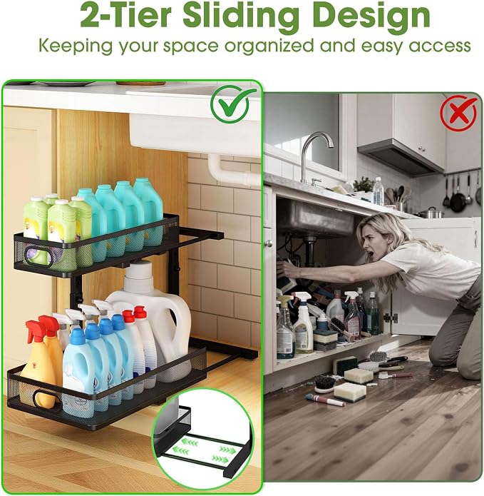 Under Sink Organizer 2-Pack, Metal 2-Tier Pull-Out Cabinet Shelf with Slide-Out Mesh Drawers, Height Adjustable, Space-Saving Under Sink Storage Racks for Kitchen, Bathroom, Laundry Room