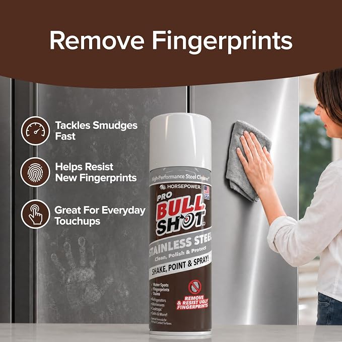 Horsepower Bull Shot Stainless Steel Cleaner Spray, As Seen On TV, Cleans, Polishes & Protects, Removes Greasy Fingerprints & Streaks