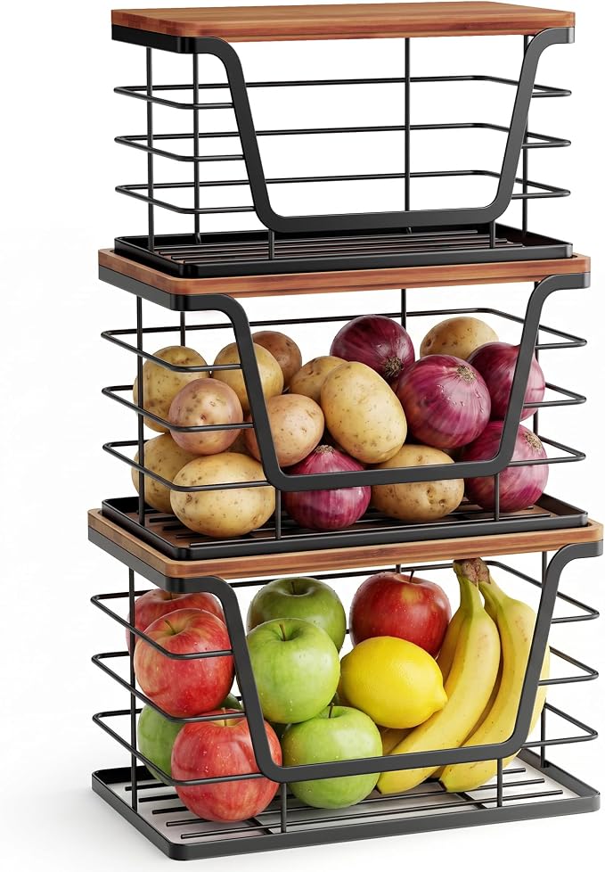ALOCEO 3 Pack Stackable Storage Bins with Lids, Stainless Steel Trash Bag Dispenser Roll Holder for for Kitchen Sink, Laundry, Pantry Organizer and Storage, Walnut Black