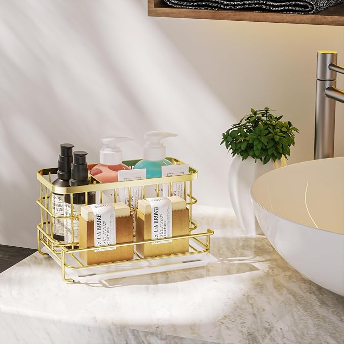 HapiRm Multifunctional Kitchen Sink Organizer with Removable Drain Tray, Quick Draining Rustproof Sink Caddy, Stainless Steel Kitchen Sponge Holder for Holds Sponge, Cleaning Towel and Scrubber - Gold