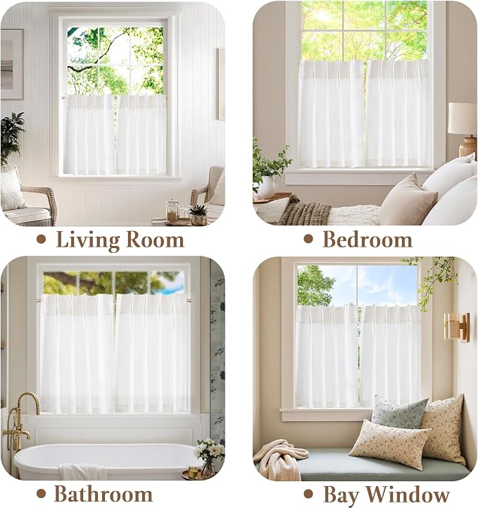 jinchan Linen Pinch Pleated Back Tab Tier Curtains, 26x30, 2 Panels, White | Light filtering,small window treatment,cafe curtains,machine washable,farmhouse,kitchen,bathrooms,laundry
