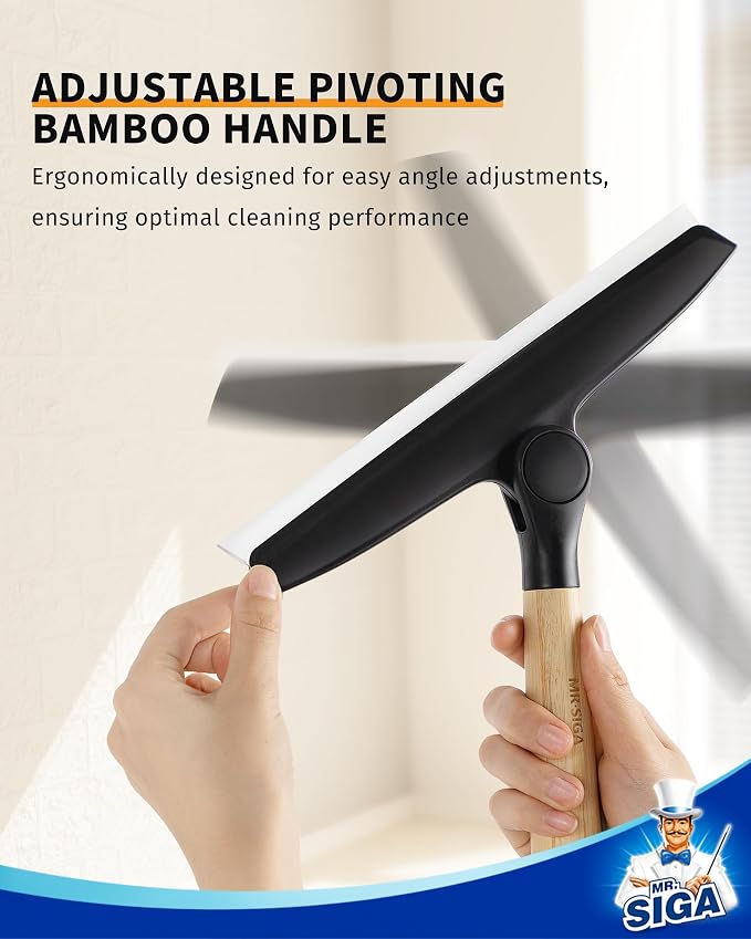 MR.SIGA Silicone Squeegee for Shower Door, Mirror, Glass, 10 inch, Black | Streak free shower squeegee for windows, showers and glass surfaces, pivoting bamboo handle, includes 1 suction hook