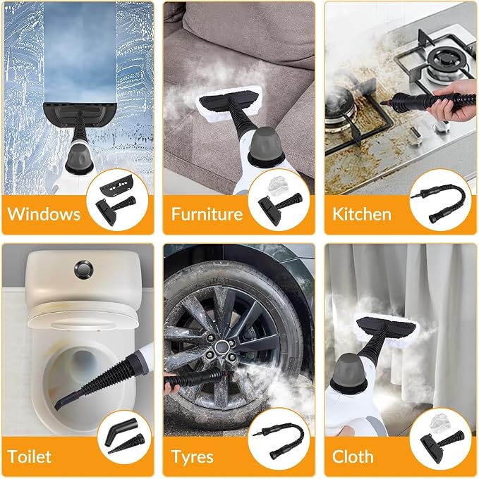 Handheld Steam Cleaner, Pressurized Hot Steam with 12 Accessories for Home | High Temperature Steam Removes Grease, Dirt and Stains from Kitchens, Bathrooms, Cars, Furniture, Tile and Grout.
