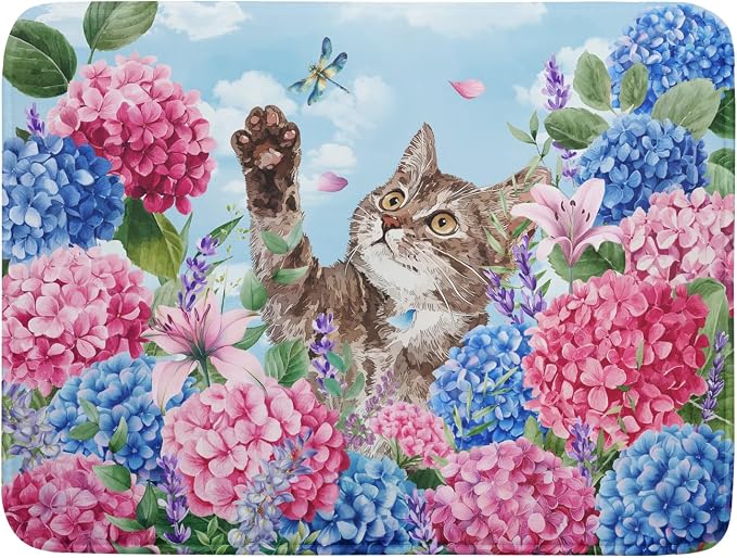 Cute Cat Dish Drying Mats for Kitchen Counter Hydrangea Floral Absorbent Drying Dishes Mat Large 18 X 24