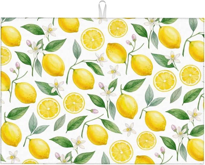 Lemon Dish Drying Mat for Kitchen Counter Microfiber Absorbent Dish Draining Reusable Washable Extra Large 24" x 18" (Lemon, 18x24in)