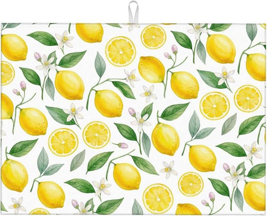 Lemon Dish Drying Mat for Kitchen Counter Microfiber Absorbent Dish Draining Reusable Washable Extra Large 24" x 18" (Lemon, 18x24in)