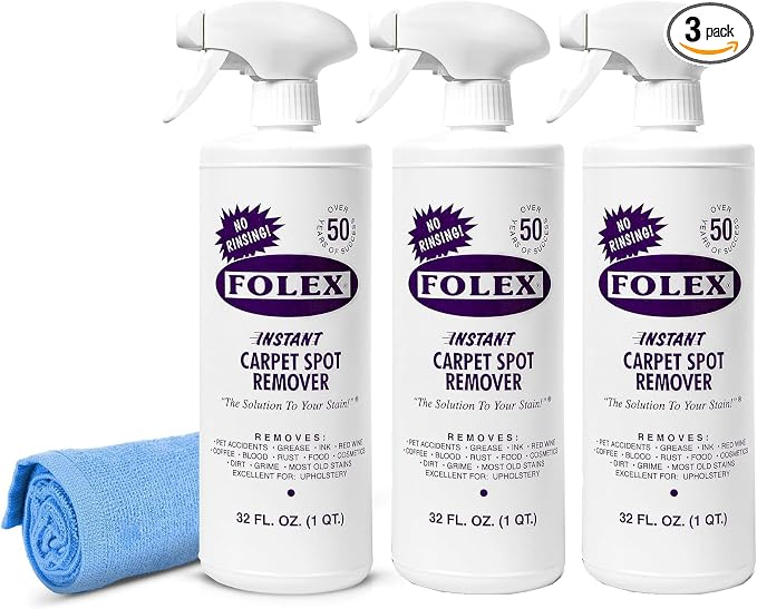 FOLEX Instant Carpet Spot Remover 32 oz – Powerful Stain Remover for Carpets, Upholstery & Rugs – Eliminates Pet Stains, Grease, Red Wine, Food, Makeup & More – With Reusable Cleaning Cloth - 3 Pack