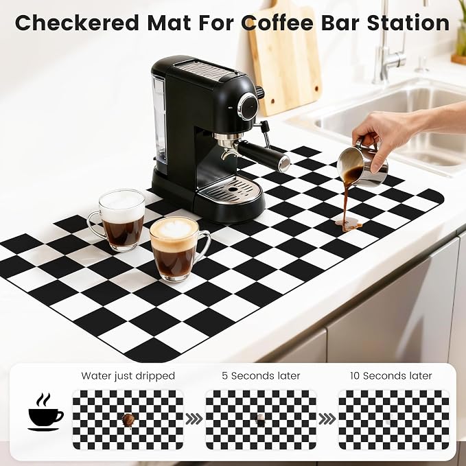 17" x 32" Checkered Dish Drying Mat for Kitchen Counter, Absorbent Coffee Bar Mat for Espresso Machine Coffee Countertops Accessories, Black