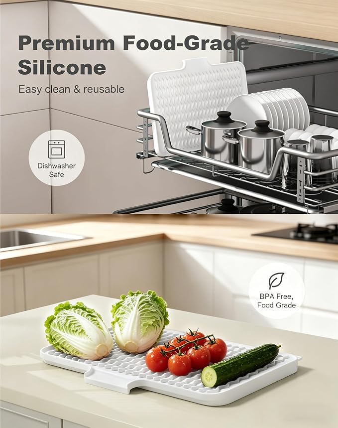 Rnivvi Silicone Dish Drying Mat for Kitchen Counter, 16 x 12" Drainer Pad with Drainage Spout, Heat Resistant Trivet Non-Slip Dish Rack Mats for Countertop Protection, Kitchen Bar Decor Pad, White