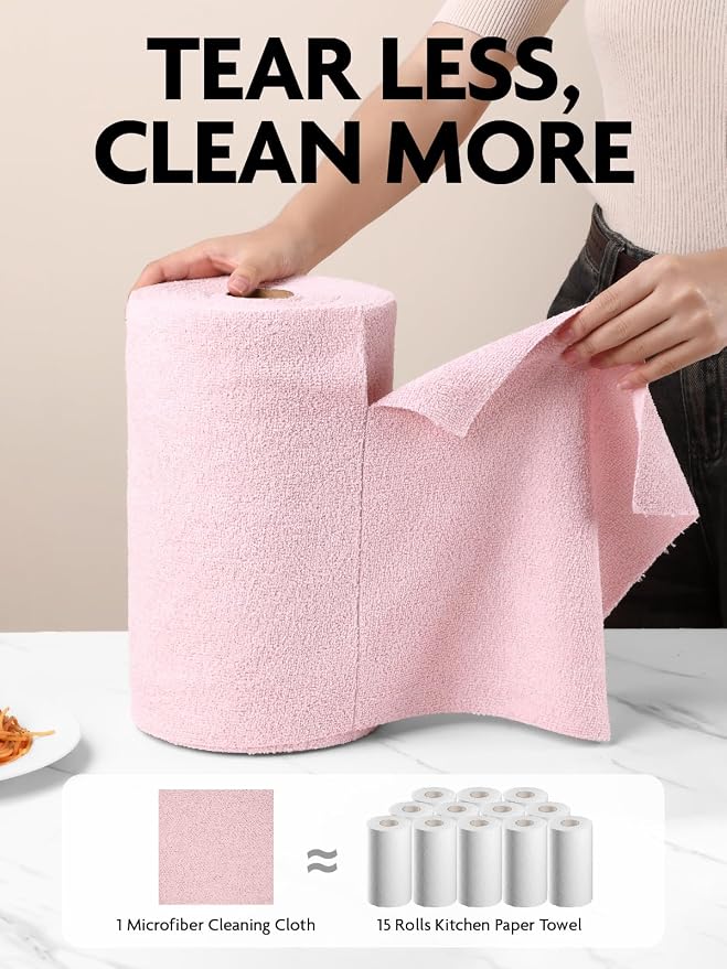 Fantasticlean Microfiber Cleaning Cloth Rolls - 150 Sheets (Pink, Lavender) | 12'' by 12'', Super Absorbent, Lint-free, Tear-away Microfiber Towel Roll, for All-Purpose Cleaning