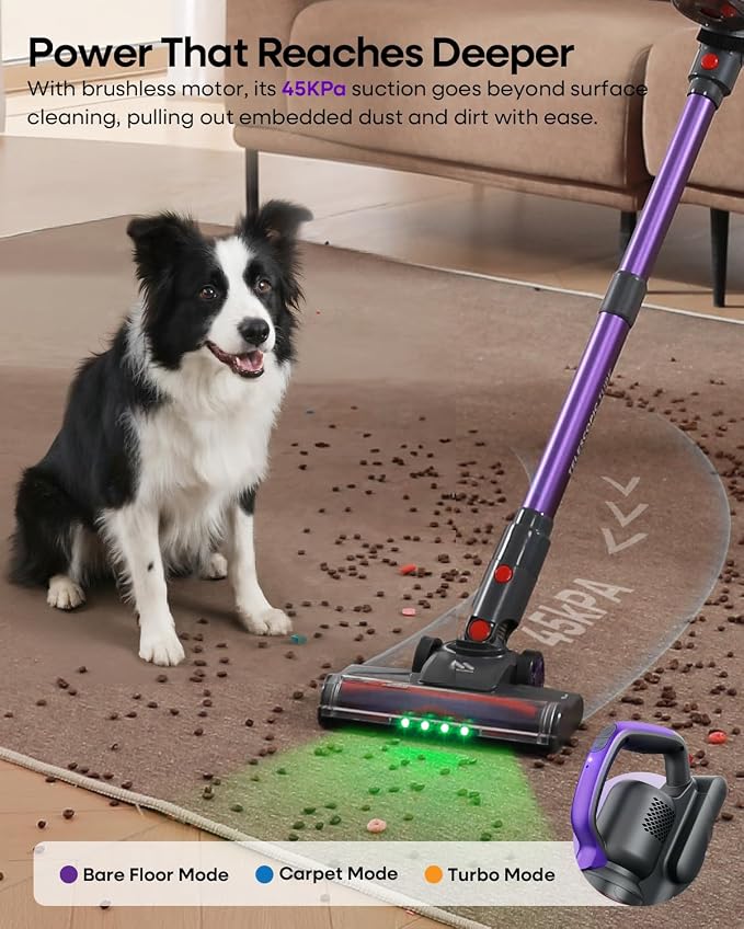 AlloyMove Cordless Vacuum Cleaner 45KPA, Up to 60mins Runtime Lightweight Powerful Suction Vacuum Cleaners for Home, 3 Suction Modes, Rechargeable Stick Vacuum for All Floor/Carpet/Pet Hair/Car, A03