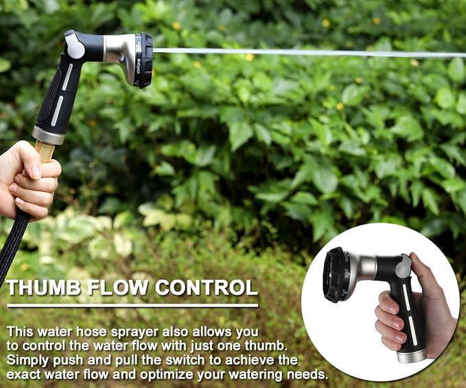 ESOW Garden Hose Nozzle Heavy Duty, 8 Patterns, Thumb On/Off Valve, Black | High pressure sprayer for watering plants, car wash, pet bath. Leak-proof, rustproof. Ergonomic comfort grip